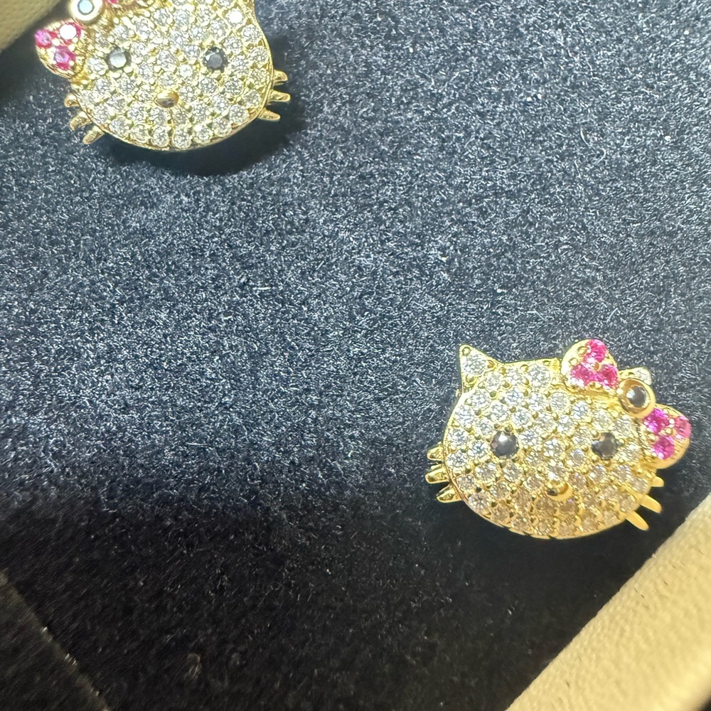 Hello Kitty Moissanite Earrings In 14K Gold Over 925 Sterling Silver